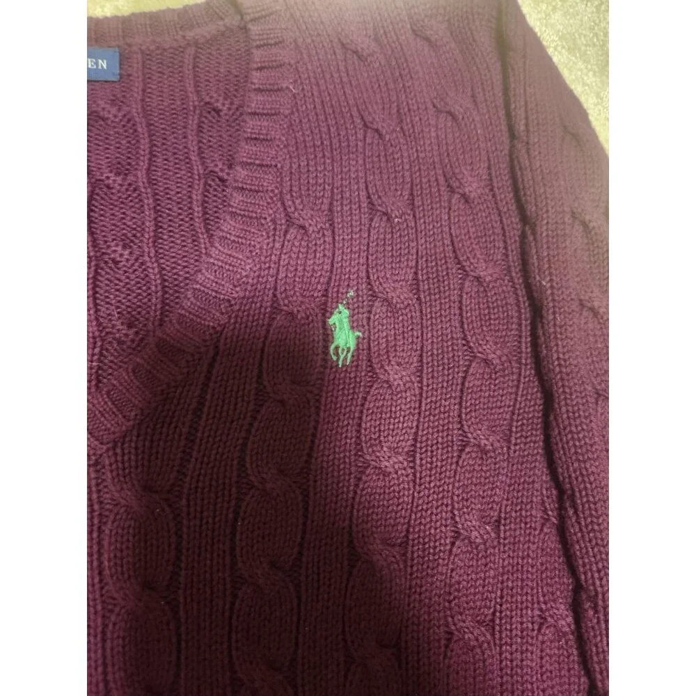Ralph Lauren Sweater Women Small Purple Cable Knit V-Neck Cotton Pony Logo - Picture 5 of 6